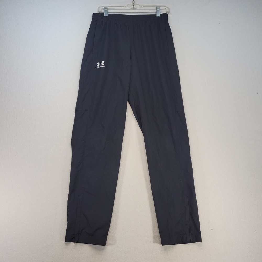 Under Armour Track Pants Mens Medium Black Loose Fit Mesh Lined Ankle Zip Sport